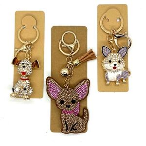 Bundle of 3: Crystal Rhinestone Dog Keychain Purse Bag Charms NIP